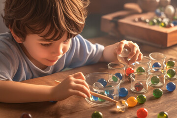 Young boy engrossed in playing marbles in a sunlit park, surrounded by colorful glass orbs scattered on sandy ground.