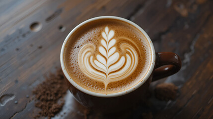 Vintage elan cafe with intricate latte art on a deep brown cup.