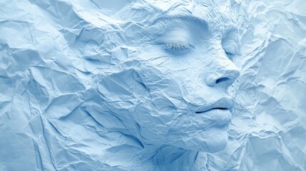 Serene face, blue paper texture, studio, calm background, beauty ad