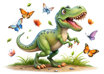 Obraz premium cute cartoon dinosour playing in a green grass field with flying colorful butterfly illustration isolated on a white background. PNG Transparent file type with high definition quality Available.