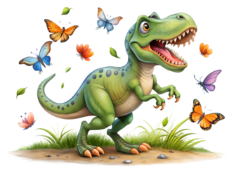 cute cartoon dinosour playing in a green grass field  with flying colorful butterfly illustration isolated on a white background. PNG Transparent file type with high definition quality Available.