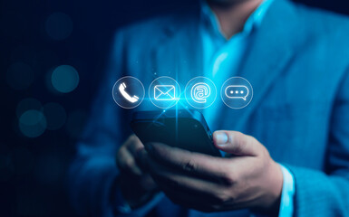 Businessman icons (address, phone, email, mobile, call) contact customer support, email website help, business contact service digital technology, contact us, 24 hours online customer service center c