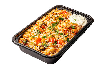 Aromatic chicken or vegetable biryani served with a side of cool raita, placed in a black plastic rectangular parcel box isolated on transparent background
