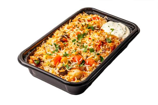Aromatic chicken or vegetable biryani served with a side of cool raita, placed in a black plastic rectangular parcel box isolated on transparent background