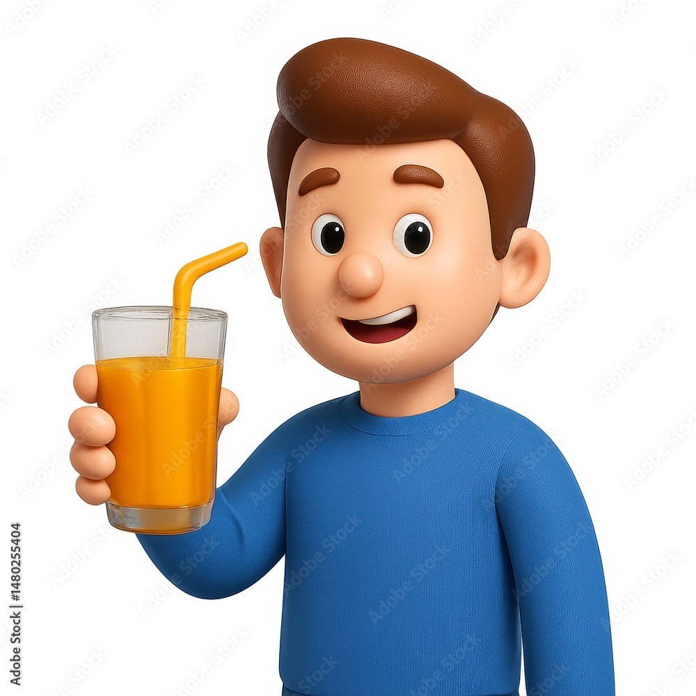 Poster simple 3d character holding juice with friendly expression