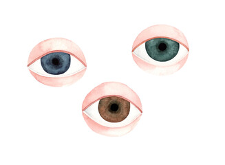 Watercolor Set of Human Eyes – Blue, Green, and Brown Iris Illustration. Isolated on a transporent background