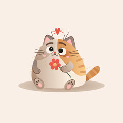 Cute Cartoon Cat Holding a Flower - Vector Illustration