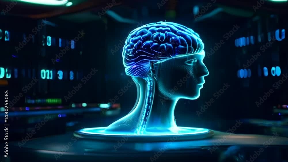 Poster advanced neon representation of a human brain showcasing neural connections in a futuristic setting