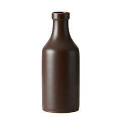 A simple brown bottle with a rounded body and short neck against a stark black background
