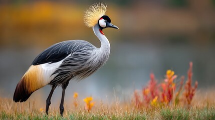 Fototapeta premium Regal crowned crane in autumn meadow