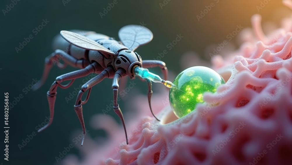 Poster futuristic nanodrone interacts with bioengineered cell structure under specialized laboratory condit