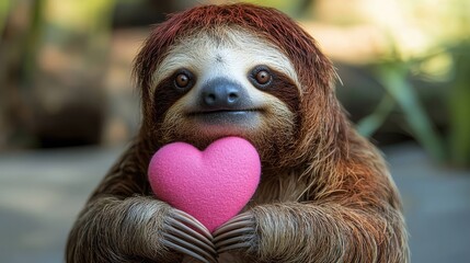 Fototapeta premium Sloth holding heart, rainforest backdrop, Valentine's Day