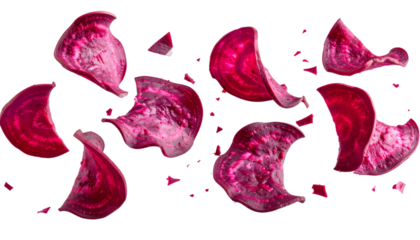 Beetroot chips falling down with realistic texture and natural lighting on transparent background