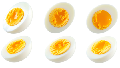 Multiple Halved Boiled Eggs Floating on Transparent Background