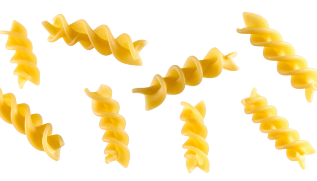 Rotini pasta spirals hovering on transparent background with realistic texture and natural lighting