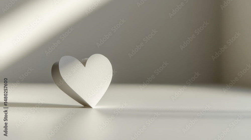 Poster minimalist white heart shape on a light surface with soft sunlight.