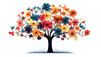 Vibrant tree with colorful flowers on a white background
