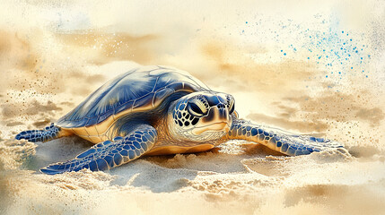 Watercolor turtle animal at the shore beach, serene ocean scene nature viewpoint concept