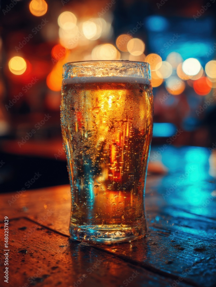 Aufkleber refreshing beer in glass on bar top with bokeh lights close up view for beverage advertisement or pu