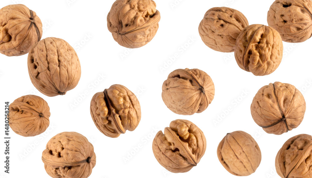 Poster multiple walnuts falling on transparent background