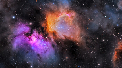 Fototapeta premium Stunning image of nebula showcasing vibrant colors of purple, orange, and blue against backdrop of countless stars, evoking sense of wonder