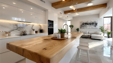 Modern kitchen with wood island, sleek cabinets, open to living area