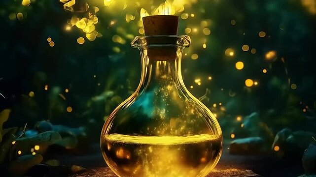 Enchanting Elixir: A Captivating Still Life of Magic Potion in Forest with Bokeh Lights