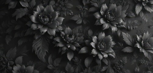 Intricate charcoal floral wallpaper, rich texture, luxurious feel , gothic, depth, design