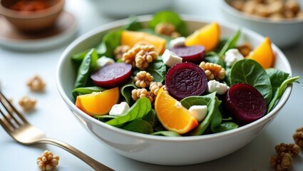Fresh healing salad with leafy greens, beets, oranges, and nuts served in a bowl