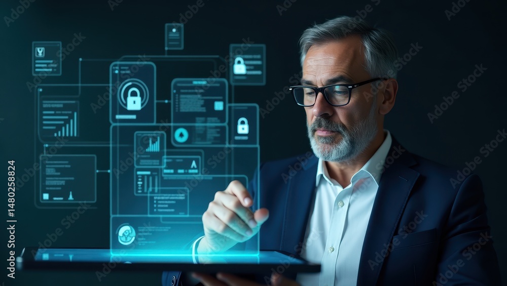 Aufkleber middle-aged man interacting with digital security interface in a modern office setting during evenin