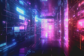 Obraz premium Dark background with a futuristic holographic network grid, and blue and purple neon light lines.