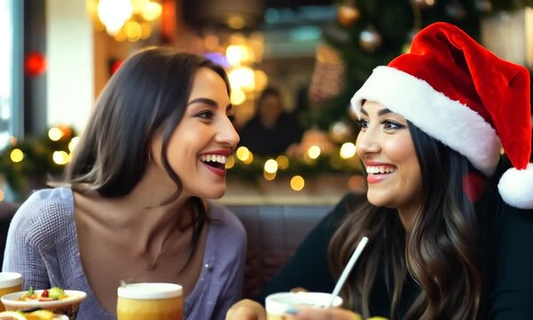 Women friends laugh together telling stories wearing Santa hats in a cafe at night