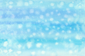 Dreamy soft blue and white gradient background with snowflake-like stars. Watercolor template illustration for Christmas, winter design, holiday card, children's book, invitation, or calming wallpaper
