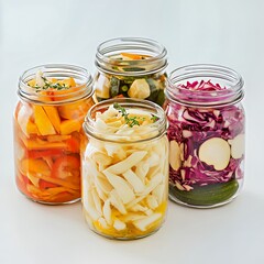 Colorful jars of pickled vegetables, showcasing freshly prepared and healthy options.
