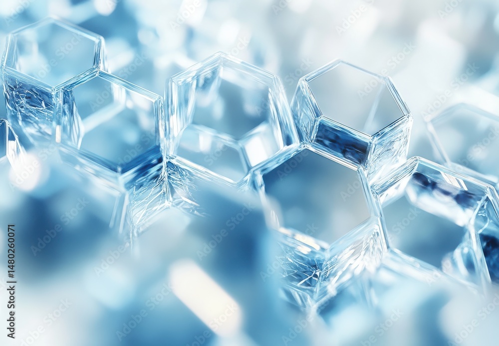 Poster abstract blue and white hexagonal structures with bokeh lighting
