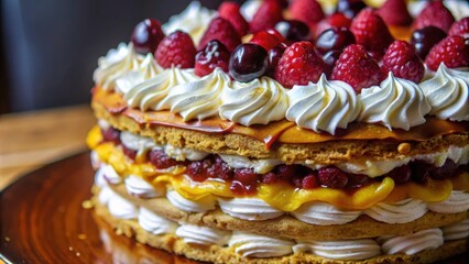 A multi-layered cake adorned with whipped cream, caramel, and a medley of fresh raspberries and cherries.