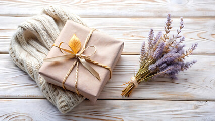 Wrapped gift box with ribbon and lavender on rustic wooden surface for autumnal celebration