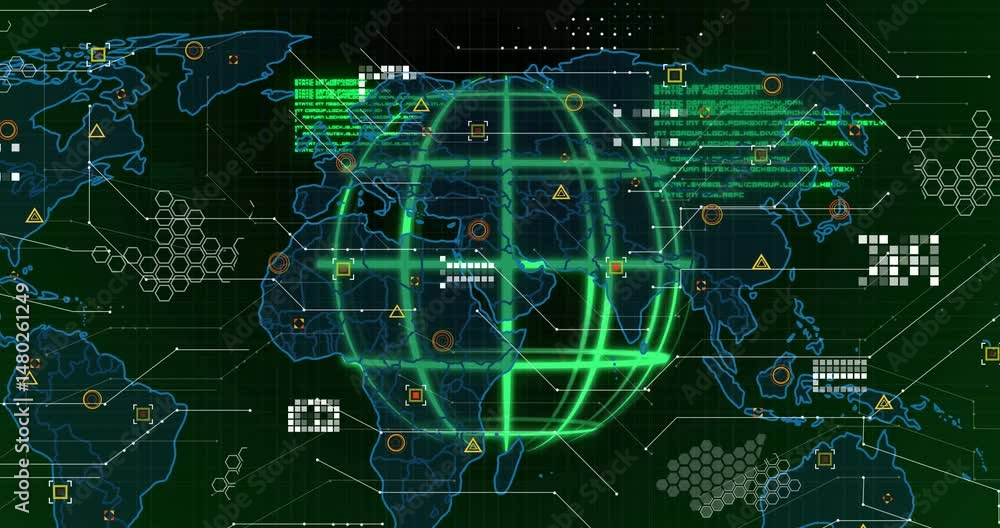 Poster green globe grid rotating in data panel showing blue outlines green code red yellow markers