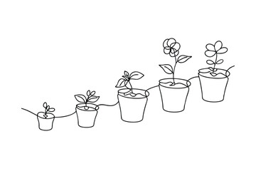 Continuous line drawing illustrating growth of plants in pots from seed to bloom