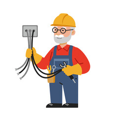 Elderly electrician holding wires and tools in work uniform  