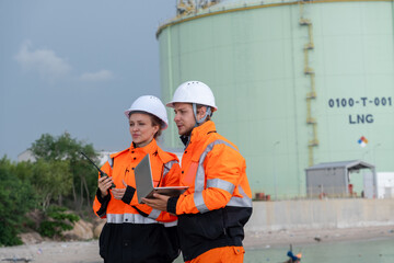 Workers in safety gear conduct inspections near a large LNG storage tank at a coastal industrial...