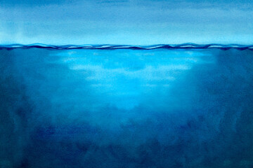 Seascape of calm blue sea with waves, underwater part, blue soft sky. Watercolor background template for use in calming posters, meditation apps, invitations, screensavers, book cover with ocean theme