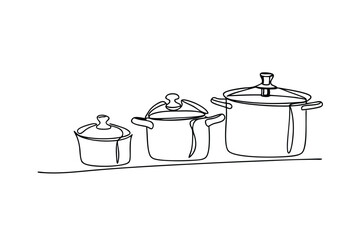 Elegant single line drawing of three cooking pots with lids on a clean white background