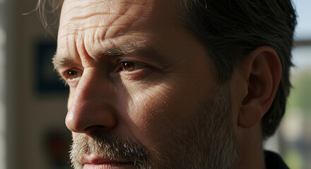 Obraz premium rosto de um homem de 40 anos com barba por fazer, expressão pensativa, olhando para o lado, pequenas rugas na testa
