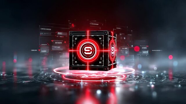 Red target-style mystery box glowing in digital matrix environment, cyberpunk ambiance Video 4K UHD 60fps