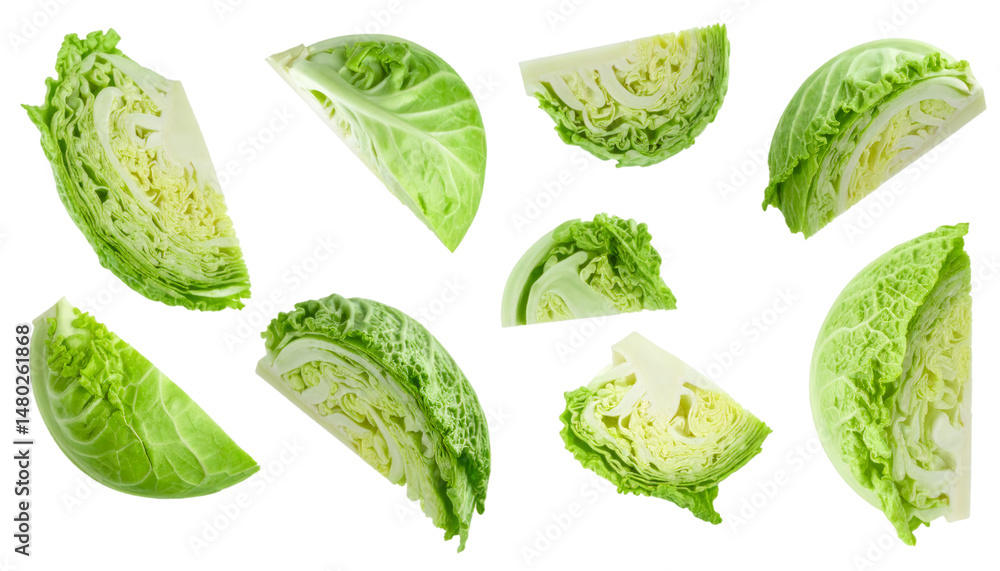 Poster savoy cabbage chunks falling down on transparent background