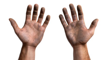 Hands of Labor: Two calloused hands raised high, covered in dirt and grime, symbolizing the dedication and hard work of manual labor.