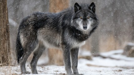 Fototapeta premium Majestic Gray Wolf Standing in a Snowy Forest Environment Eye-Level Portrait Wilderness Scene Cold Weather Wildlife Photography