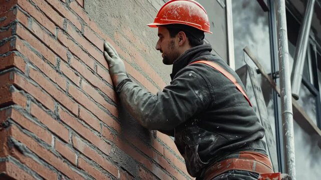 Hispanic construction worker in safety helmet building red brick wall on scaffolding, outdoors