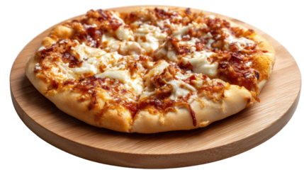 Delectable Pizza: A mouthwatering pizza, freshly baked on a wooden platter, showcasing a symphony of delicious toppings and golden crust.